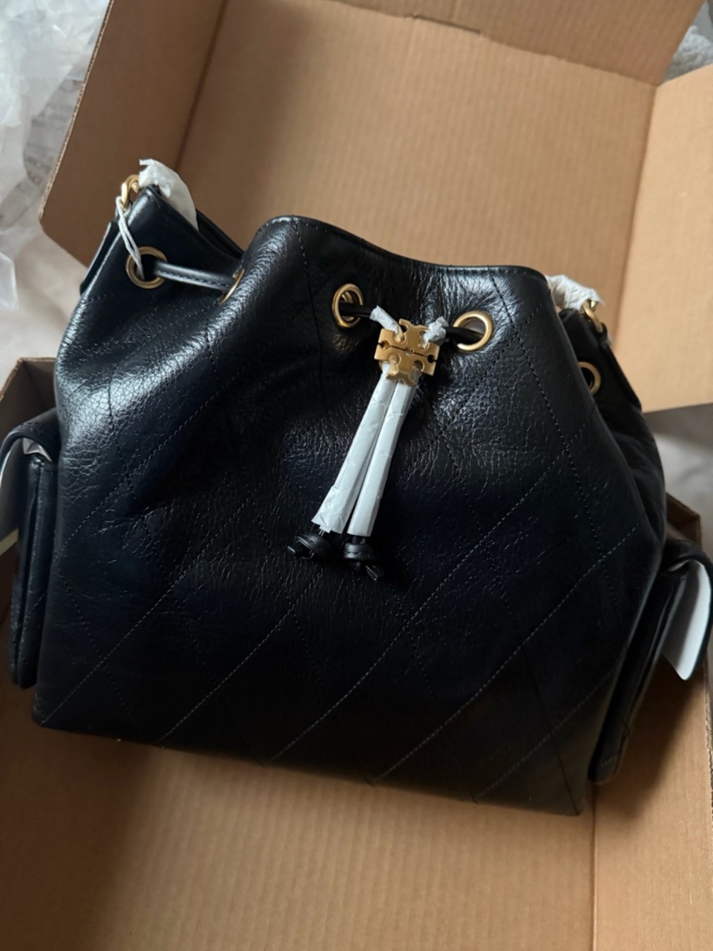 Tory Burch Charlie Drawstring Black Quilted Leather Drawstring Bucket Bag - Picture 2 of 2